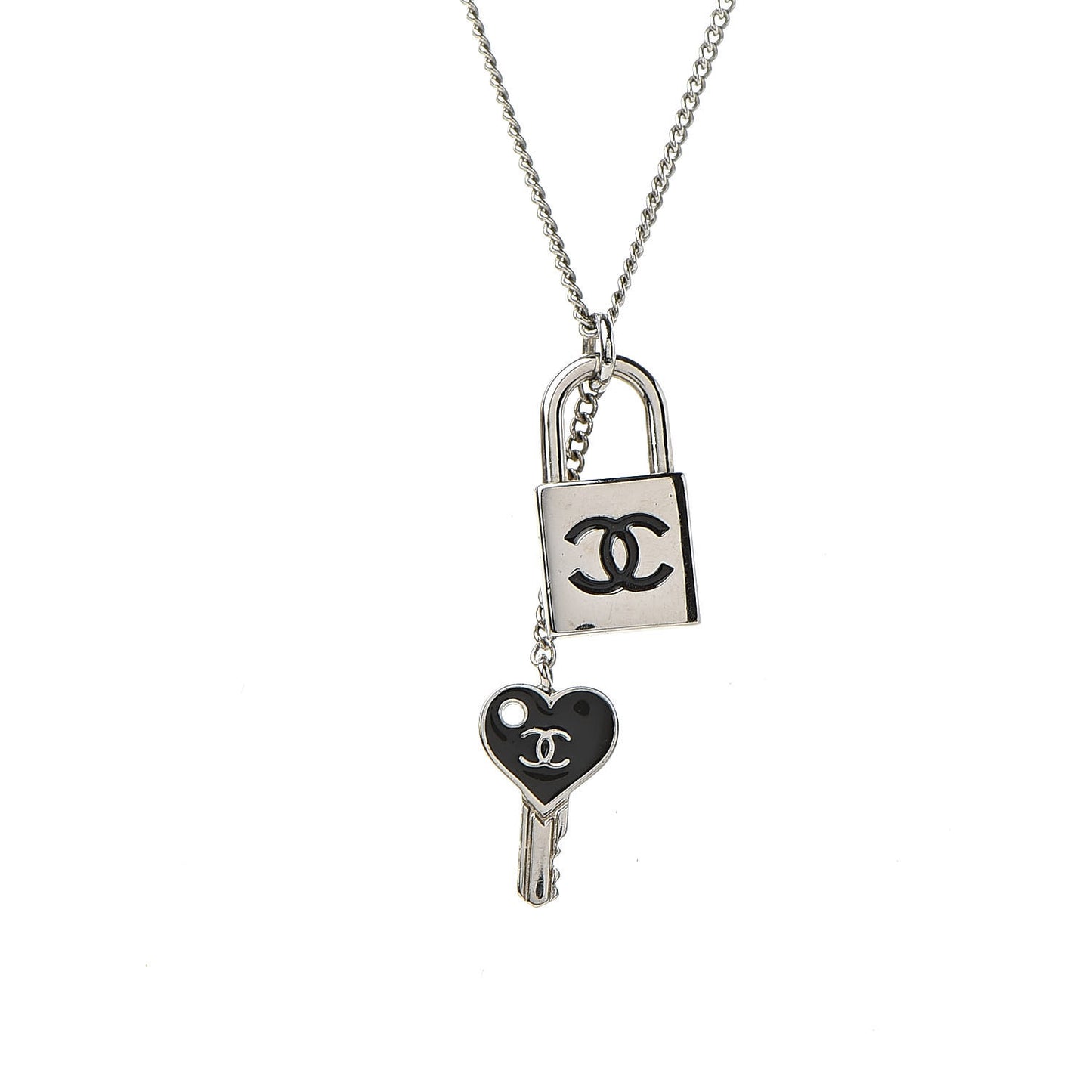 Enamel CC Padlock Heart Key Necklace Black Silver