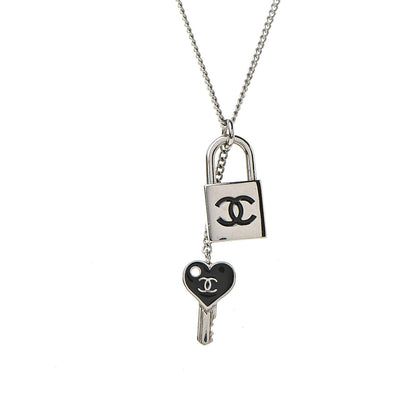 Chanel Enamel CC Padlock Heart Key Necklace Black Silver 6 of 6