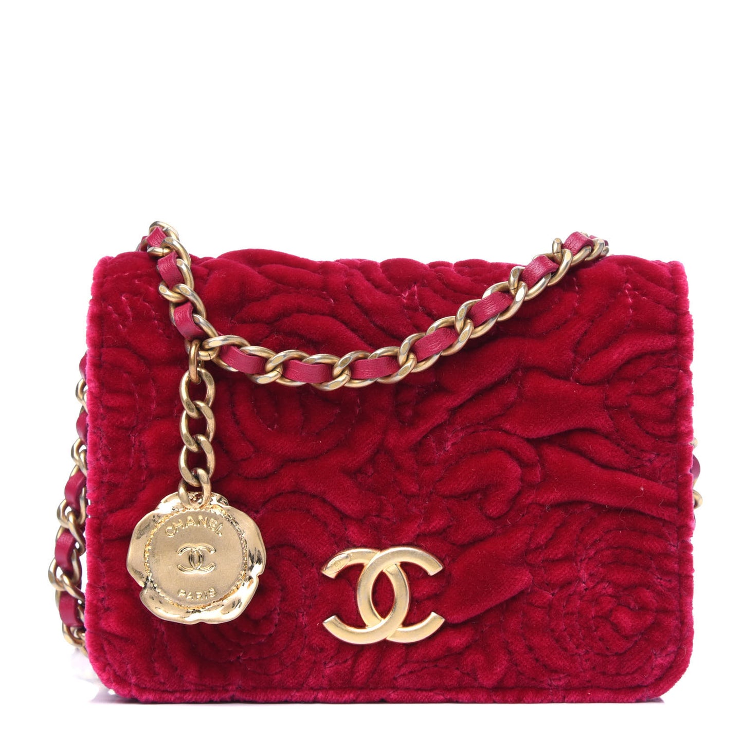 Velvet Quilted Camellia Velvet Flap Coin Purse With Chain Fuchsia