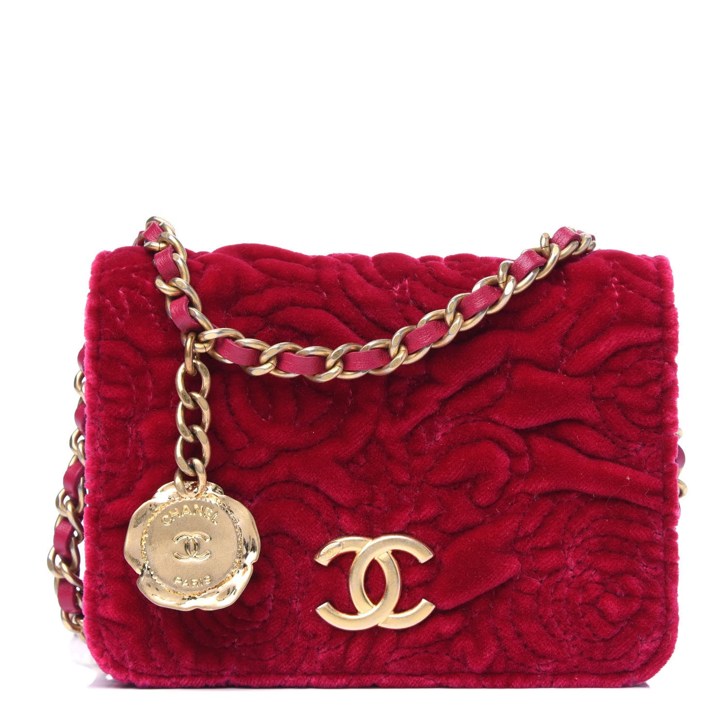 Chanel Velvet Quilted Camellia Velvet Flap Coin Purse With Chain Fuchsia 1 of 3