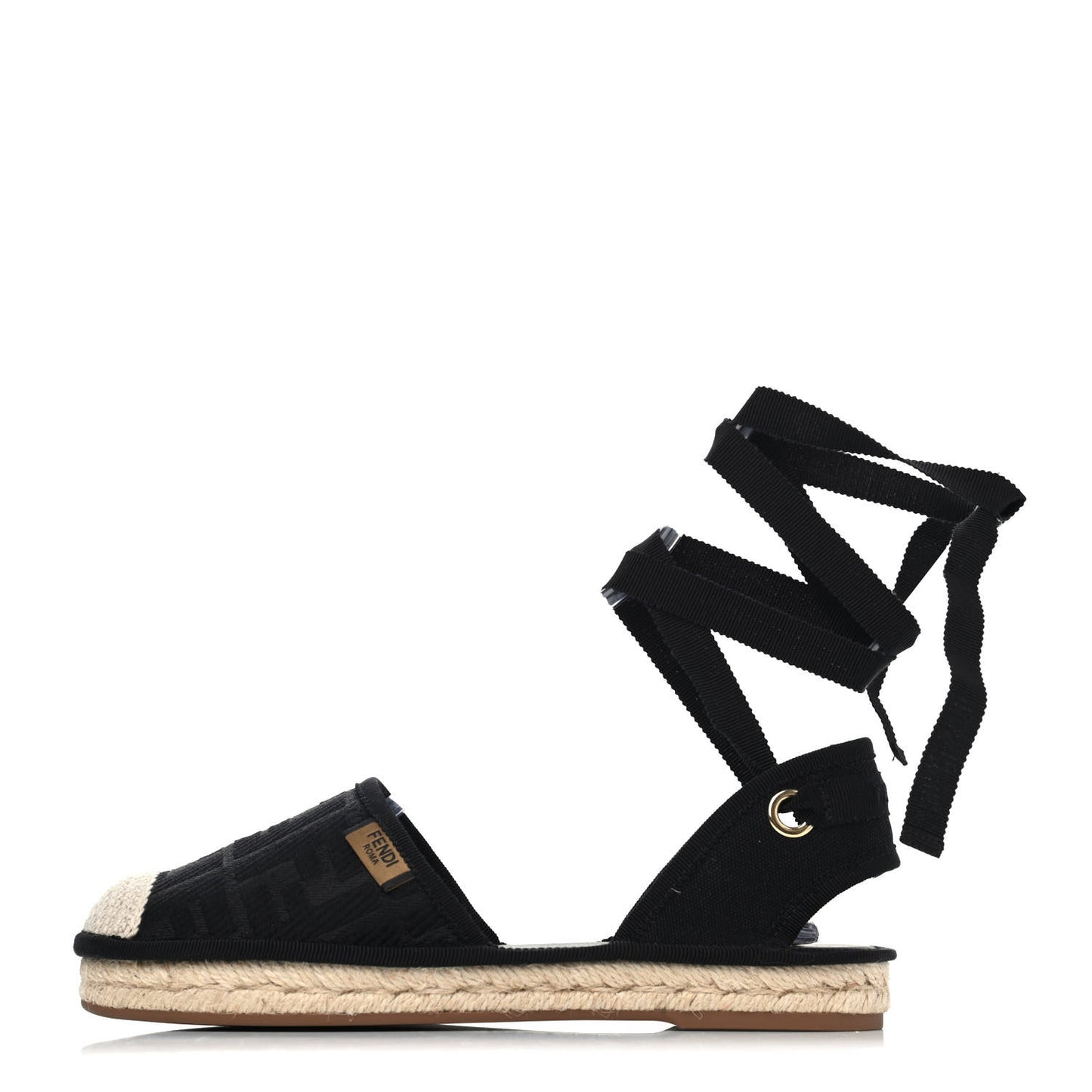 Canvas FF Embroidered Roma Ankle Wrap Flat Espadrilles 36 Black