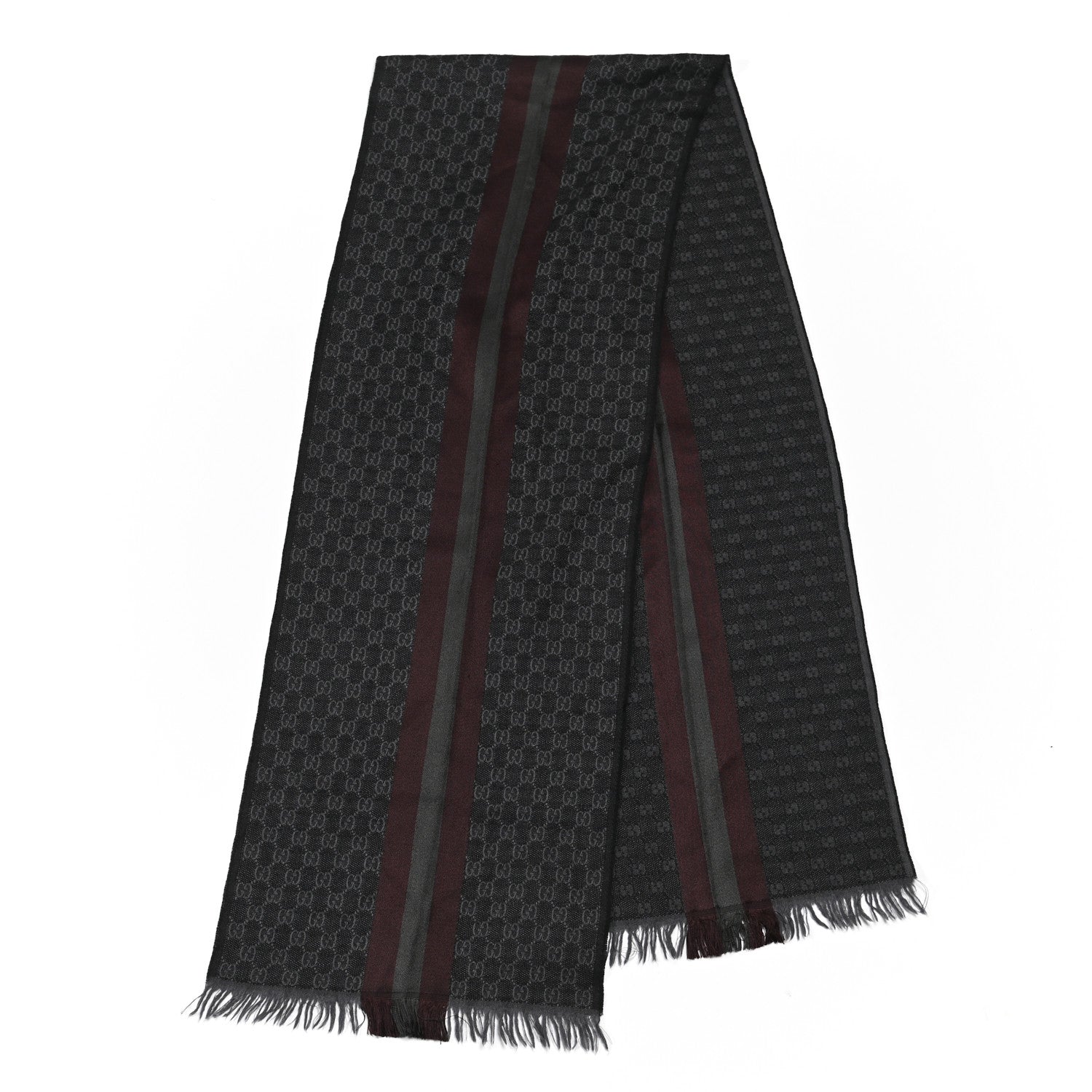 Gucci Wool Silk GG Monogram Web Verbier Fringe Scarf Charcoal 2 of 4