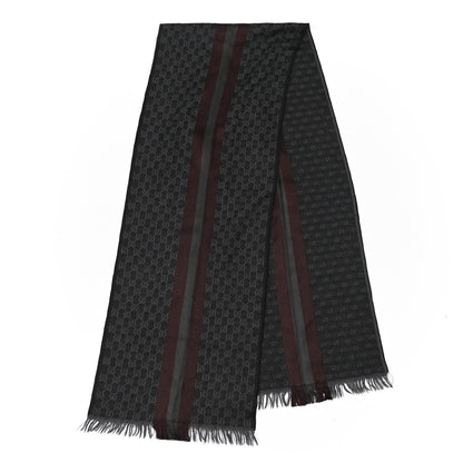 Gucci Wool Silk GG Monogram Web Verbier Fringe Scarf Charcoal 2 of 4