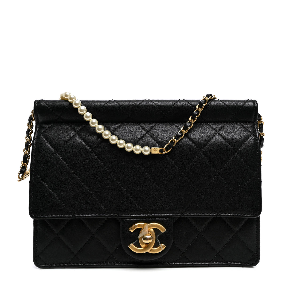 Lambskin Quilted Large Pearl Chain Flap Bag Black