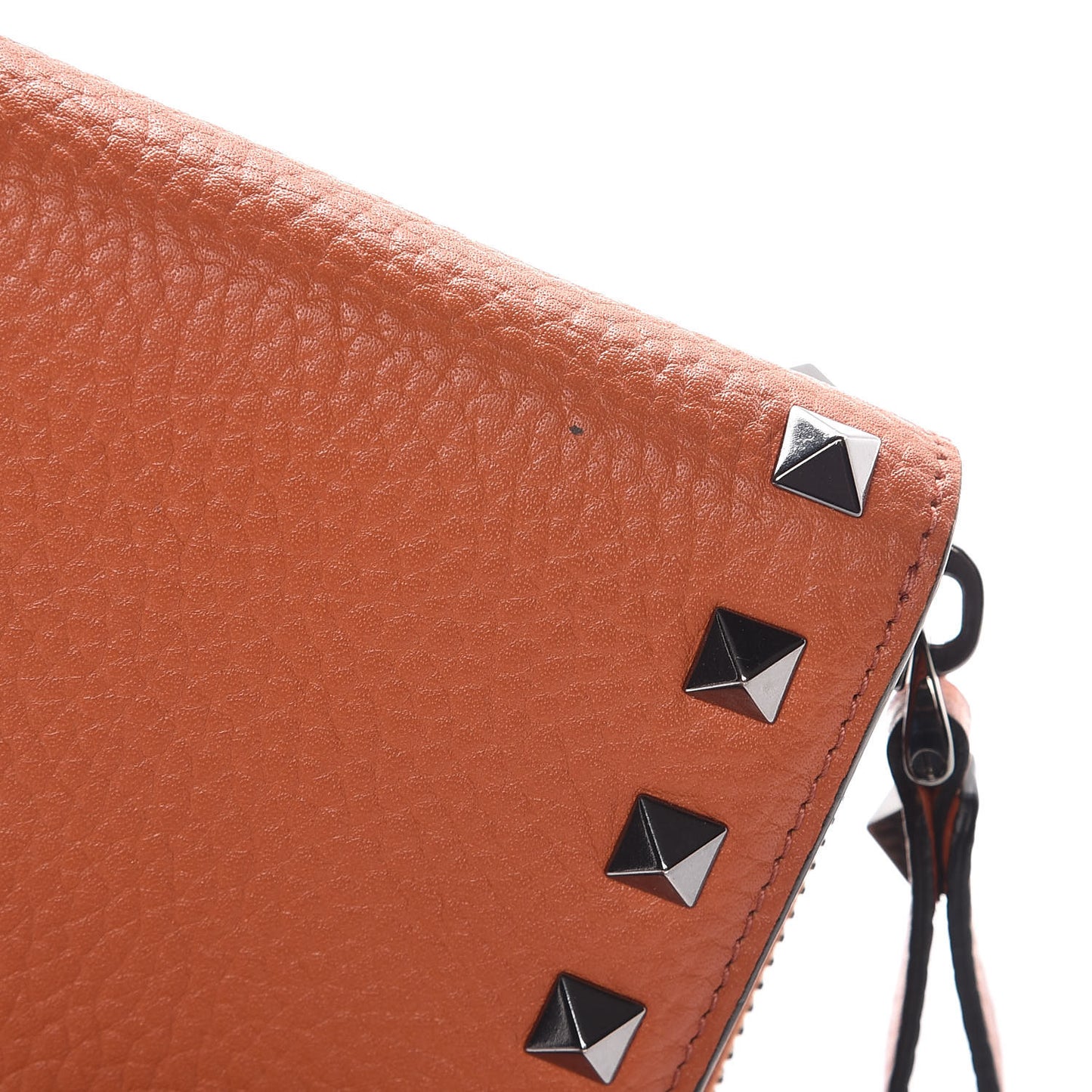 Pebbled Calfskin Rockstud Compact Zip Around Wallet Orange