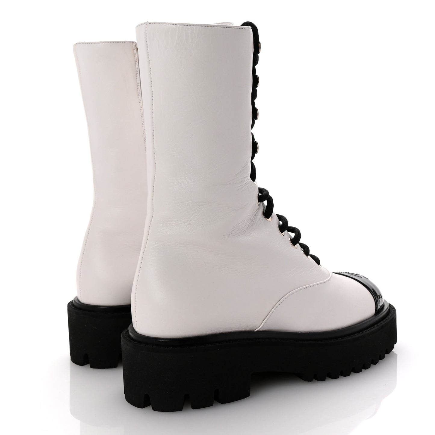Crumpled Calfskin Patent Cap Toe Lace Up Combat Boots 36 White Black