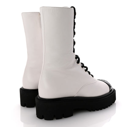 Chanel Crumpled Calfskin Patent Cap Toe Lace Up Combat Boots 36 White Black 5 of 9