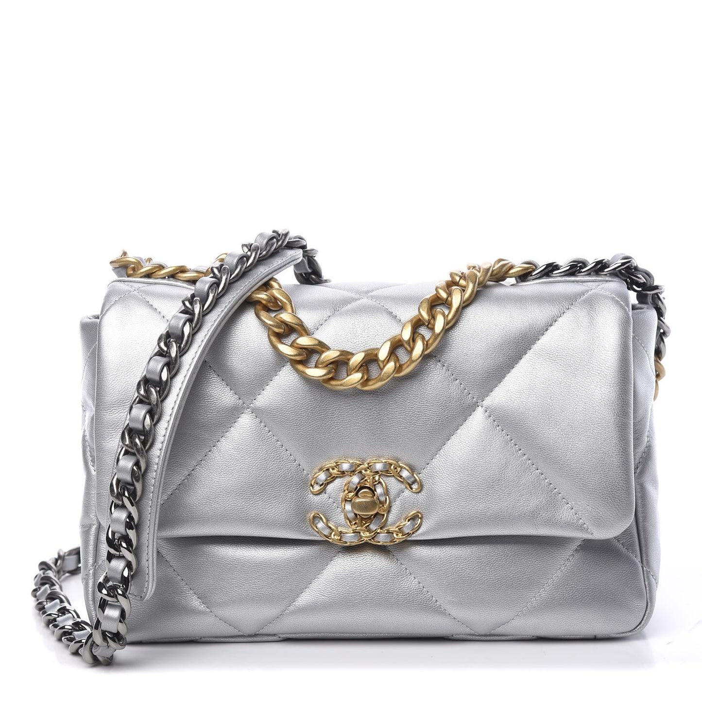 Metallic Goatskin Quilted Medium 19 Flap Silver