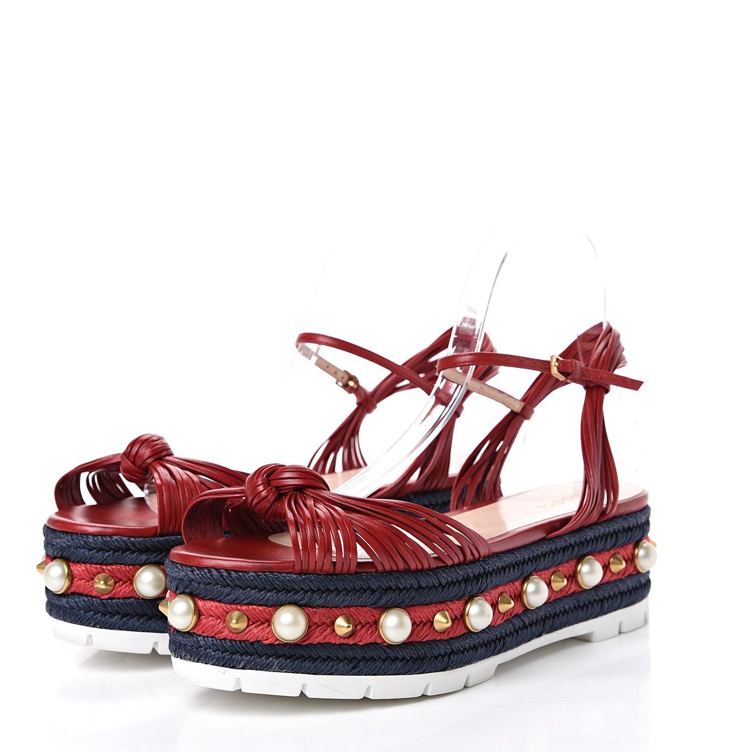 Gucci Raffia Calfskin Pearl Embellished Barbette Espadrille Sandals 39 Red 3 of 7