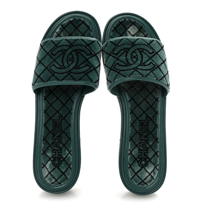 Chanel Embroidered Fabric Calfskin Slide Sandal 41 Green 2 of 10