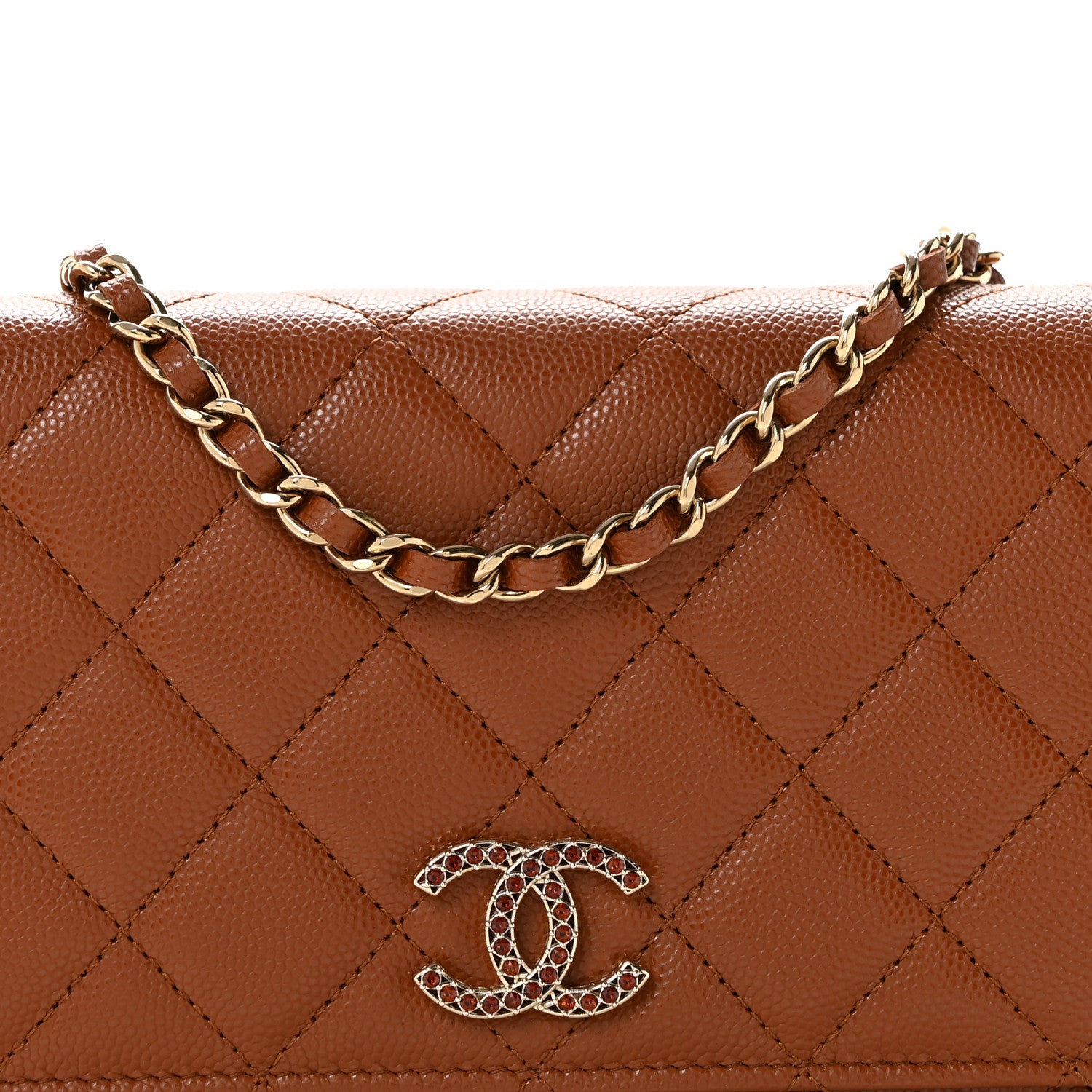Chanel Shiny Caviar Quilted Strass Wallet On Chain WOC Light Brown 9 of 11