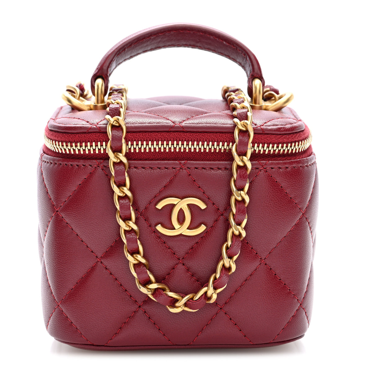 Lambskin Quilted Mini Top Handle Vanity Case With Chain Burgundy