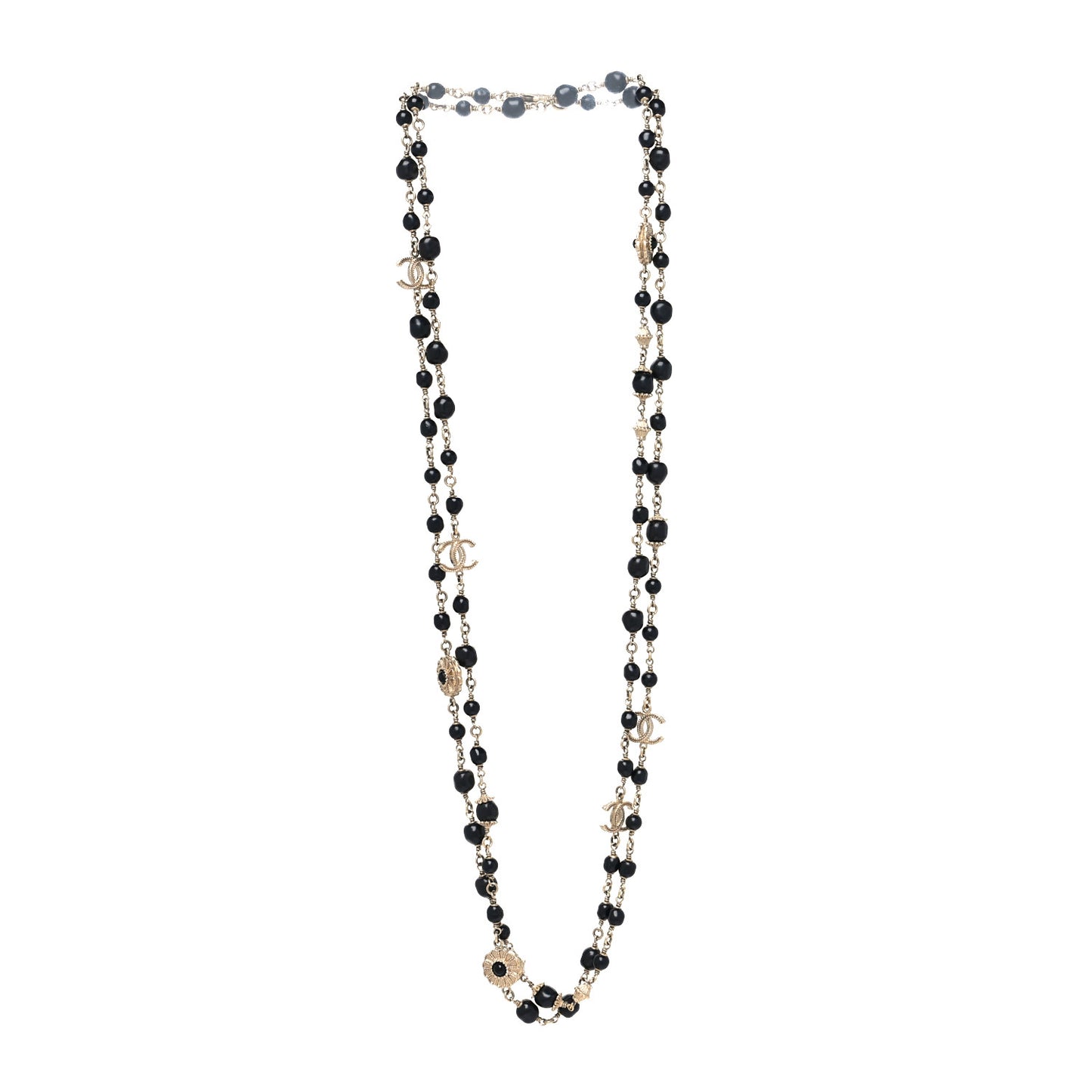 Pearl Beaded Crystal CC Long Necklace Gold Black