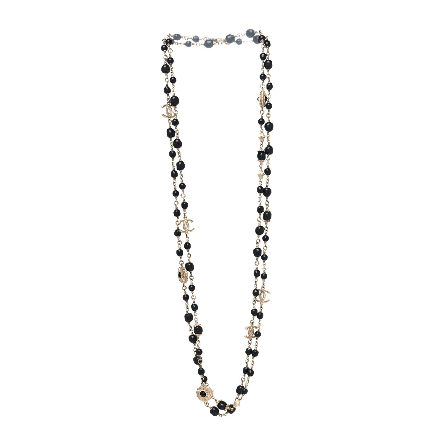 Chanel Pearl Beaded Crystal CC Long Necklace Gold Black 3 of 5