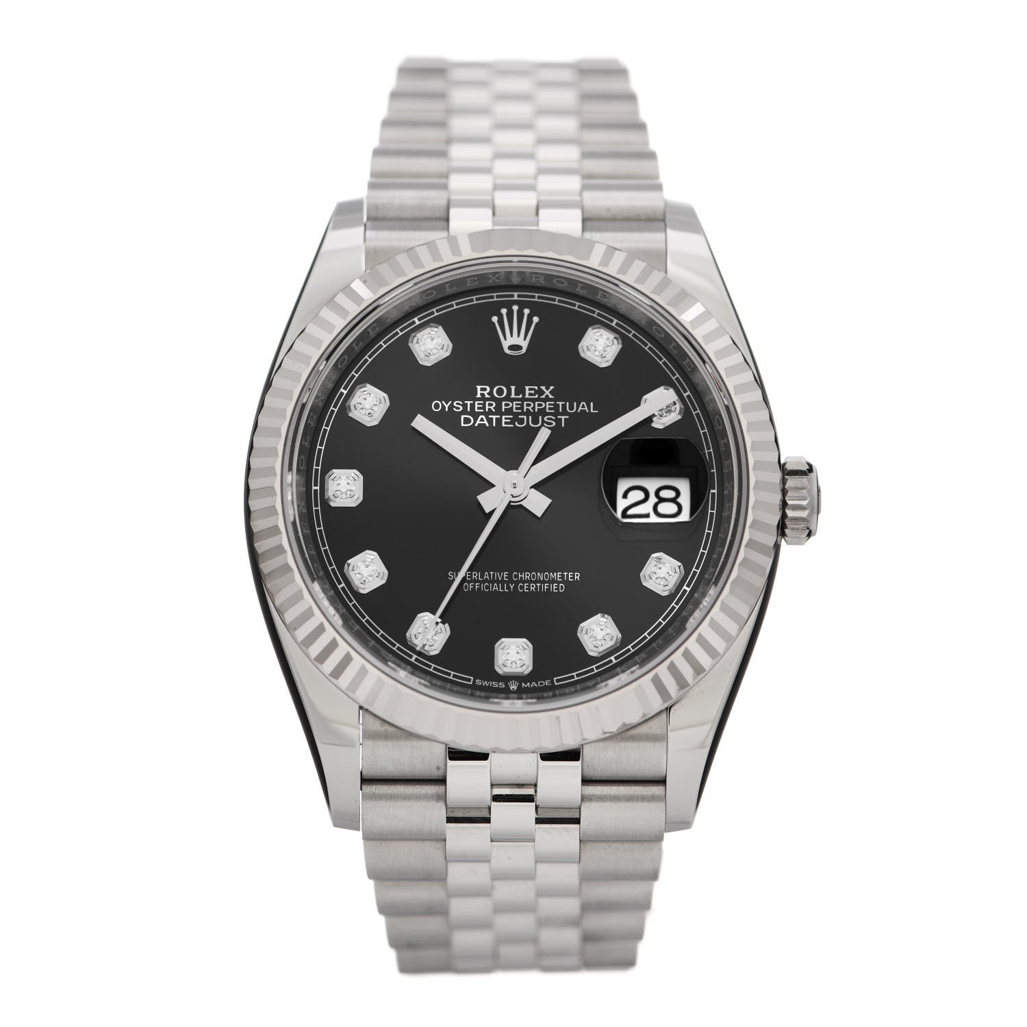 Rolex Stainless Steel 18K White Gold Diamond 36mm Oyster Perpetual Datejust Watch Black 126234 1 of 5