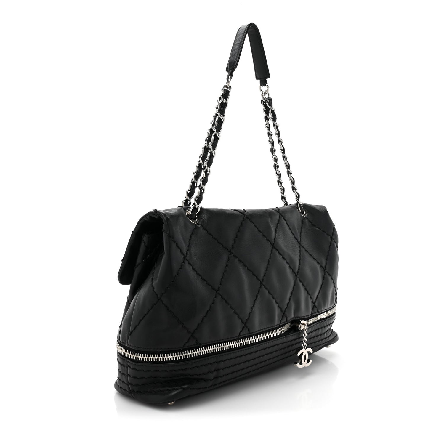 Calfskin Stitched Large Expandable Flap Bag Black