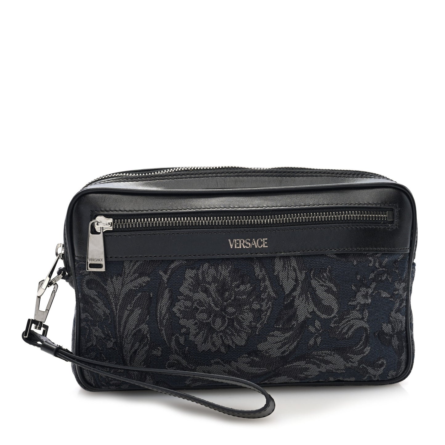 Fabric Jacquard Calfskin Barocco Wristlet Pouch Black
