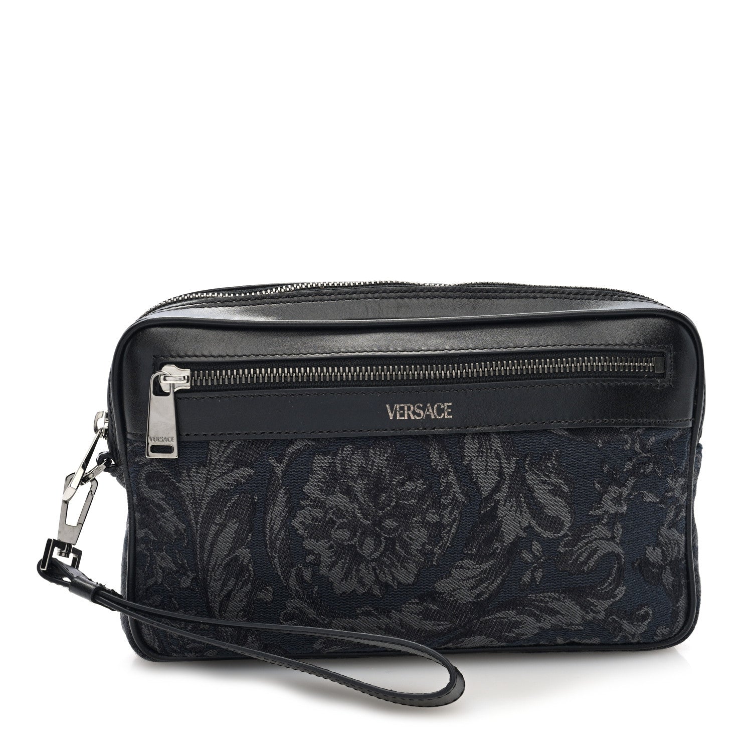 Versace Fabric Jacquard Calfskin Barocco Wristlet Pouch Black 1 of 7