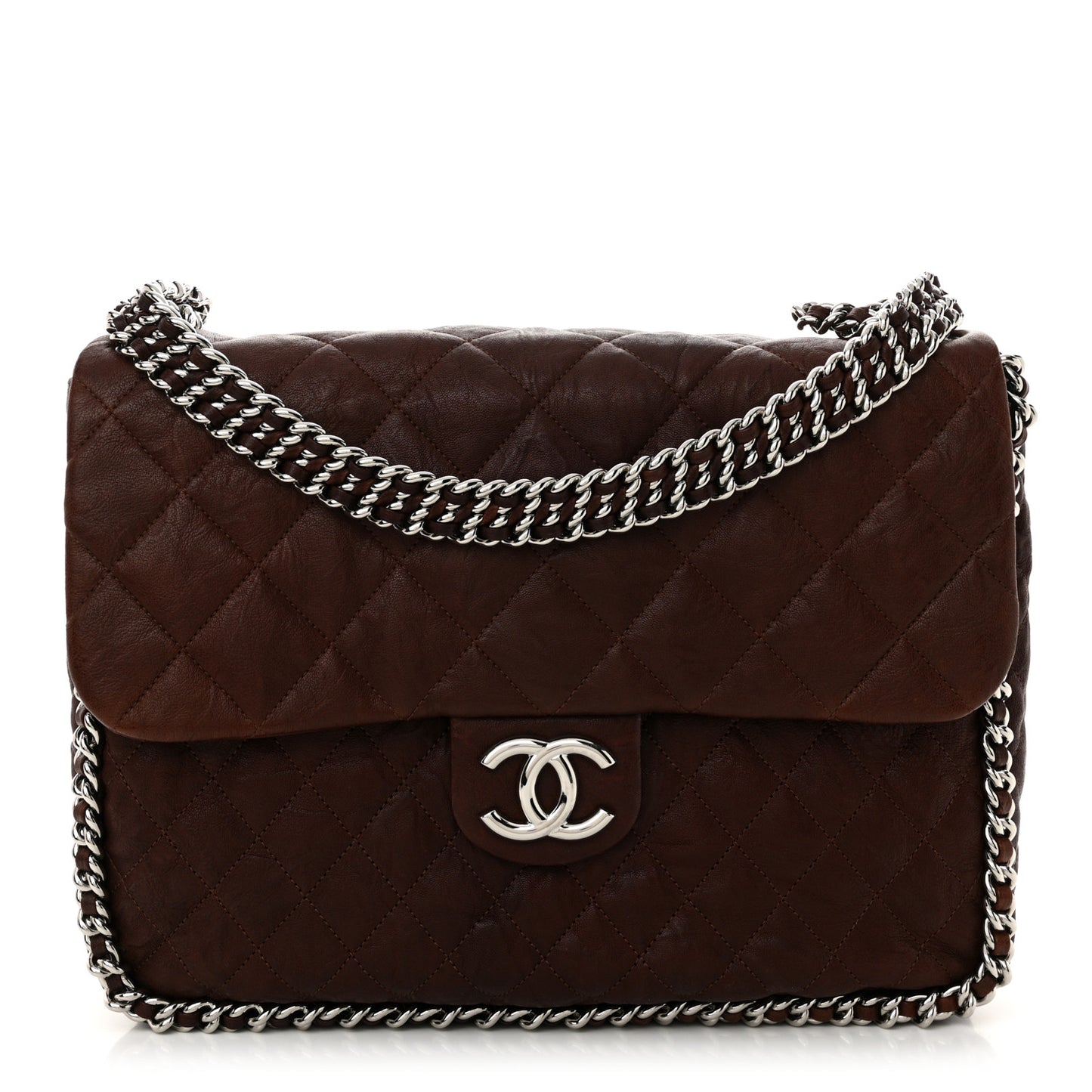 Washed Lambskin Quilted Chain Around Maxi Flap Dark Brown