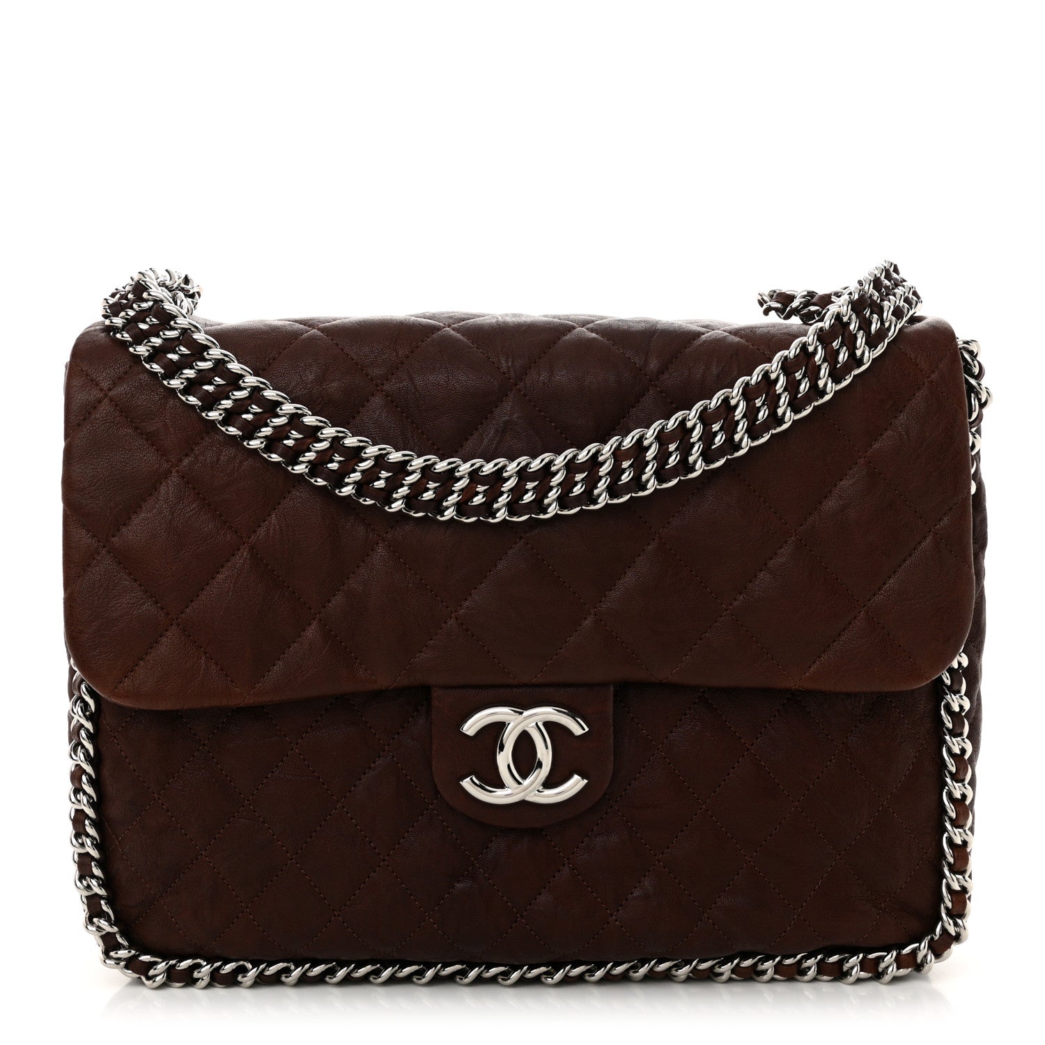 Chanel Washed Lambskin Quilted Chain Around Maxi Flap Dark Brown 1 of 10