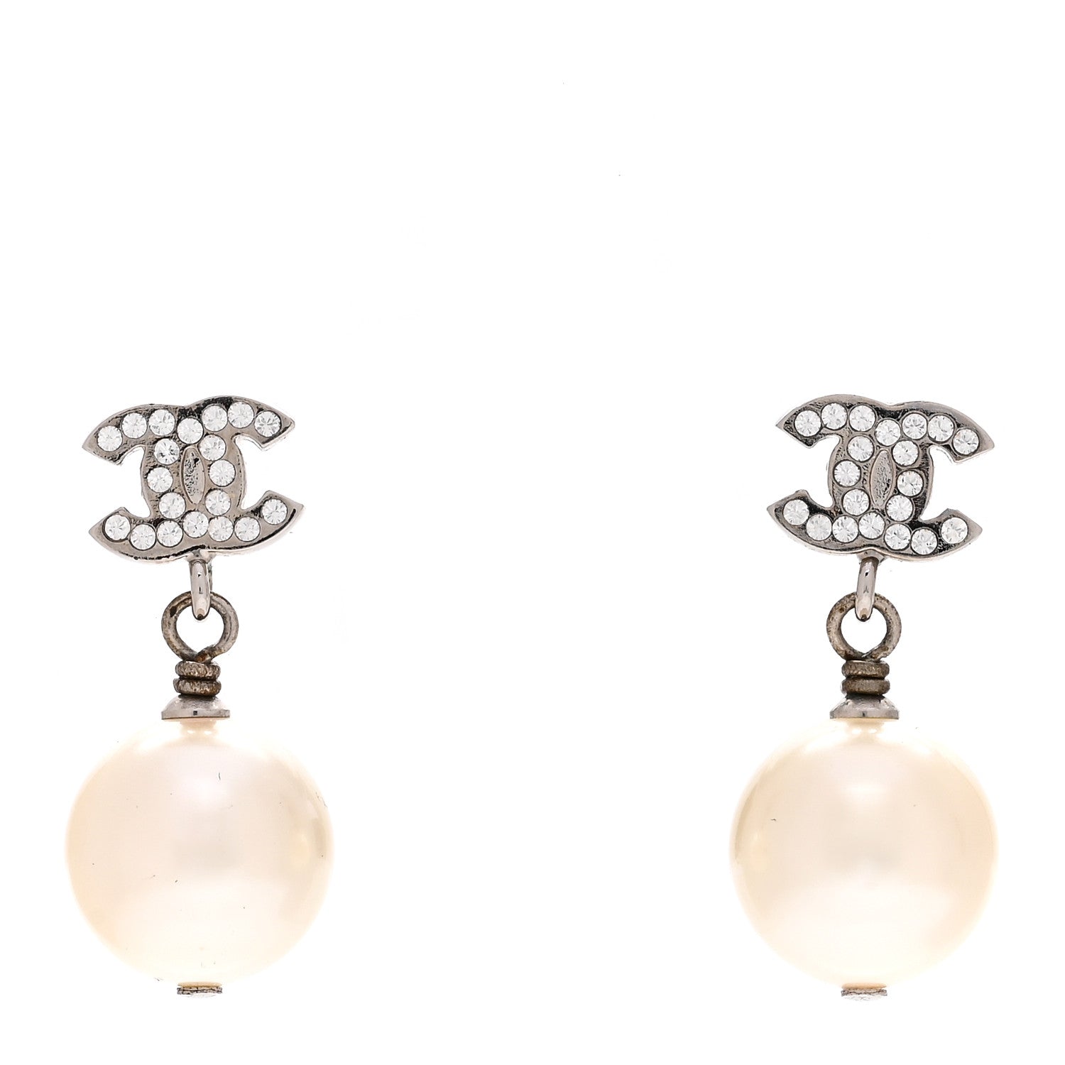 Chanel Crystal Pearl CC Drop Earrings Silver Pearly White 1 of 4