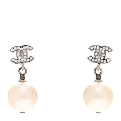 Chanel Crystal Pearl CC Drop Earrings Silver Pearly White 1 of 4