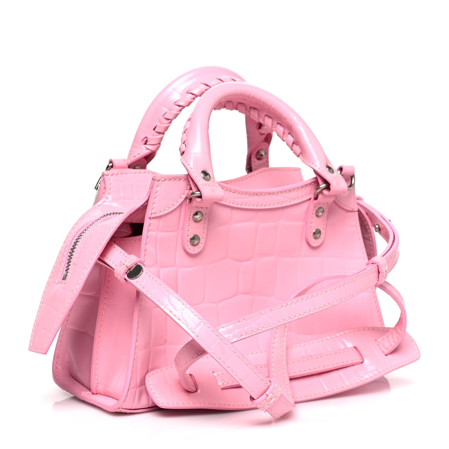 Balenciaga Semi Shiny Calfskin Crocodile Embossed Neo Classic Silver Hardware Mini City Pink 3 of 9