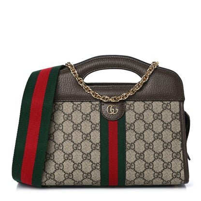 Gucci GG Supreme Monogram Textured Dollar Calfskin Web Small Ophidia Slip Handle Tote Beige Ebony New Acero 1 of 8