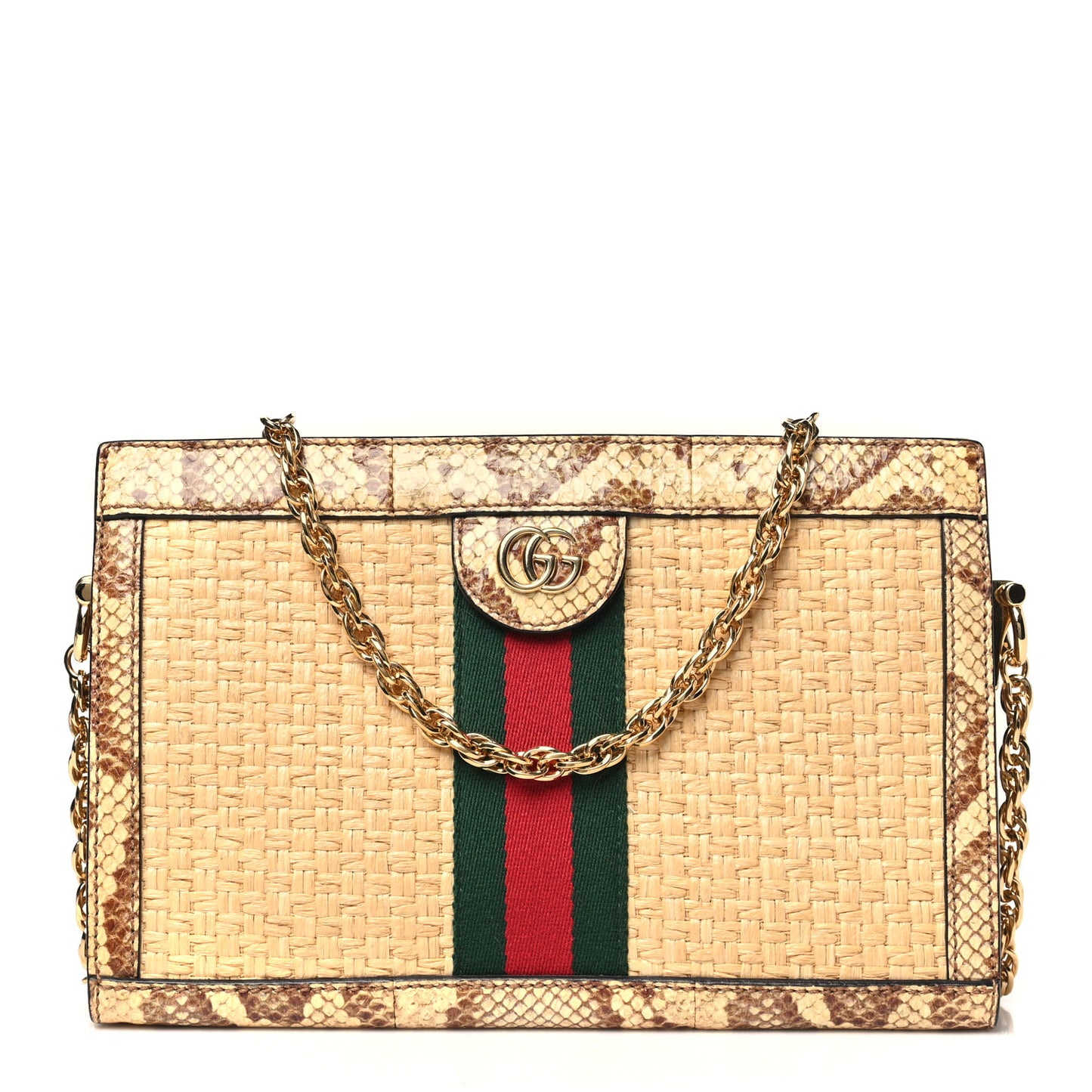 Raffia Elaphe GG Small Ophidia Chain Shoulder Bag Natural Cream Brown