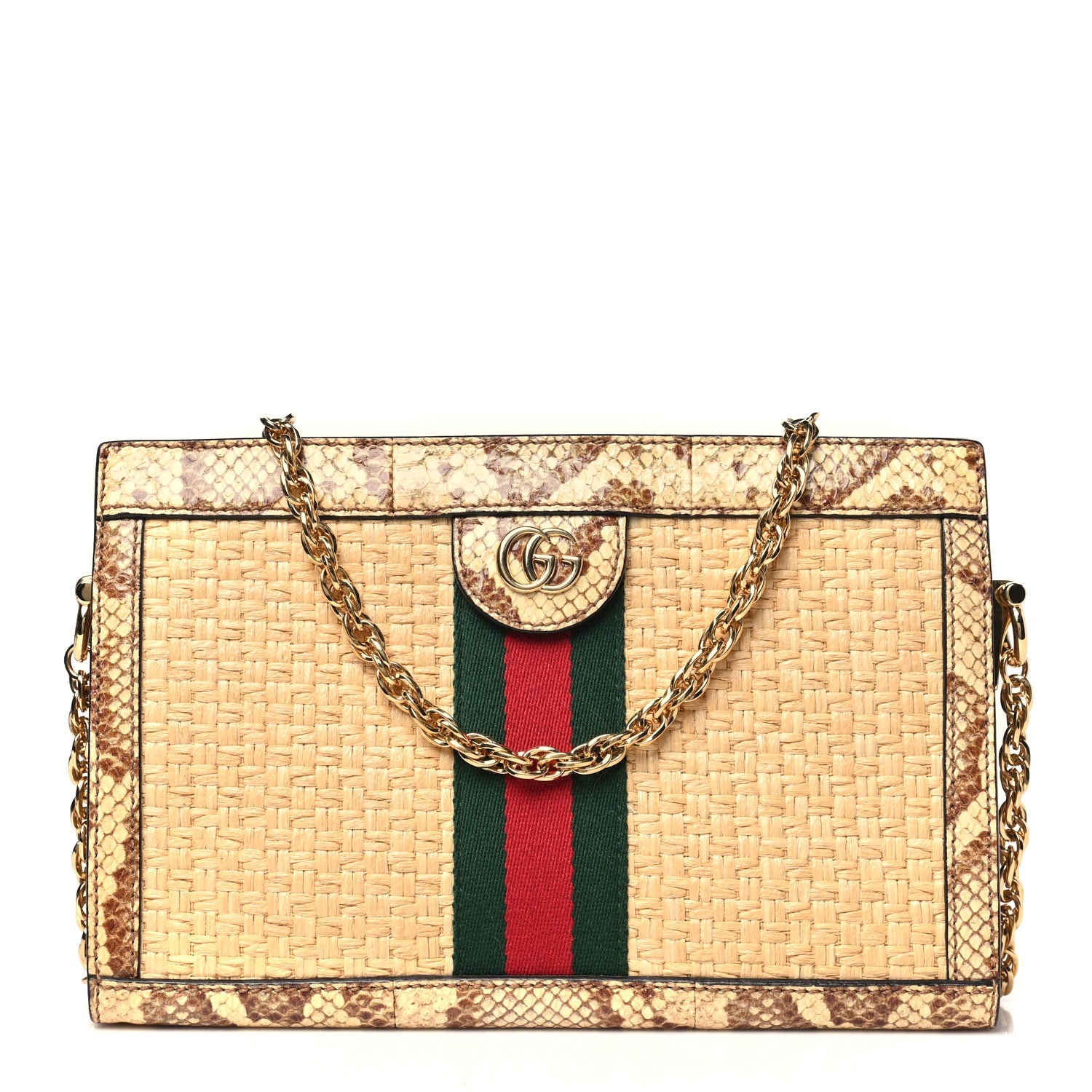 Gucci Raffia Elaphe GG Small Ophidia Chain Shoulder Bag Natural Cream Brown 1 of 12