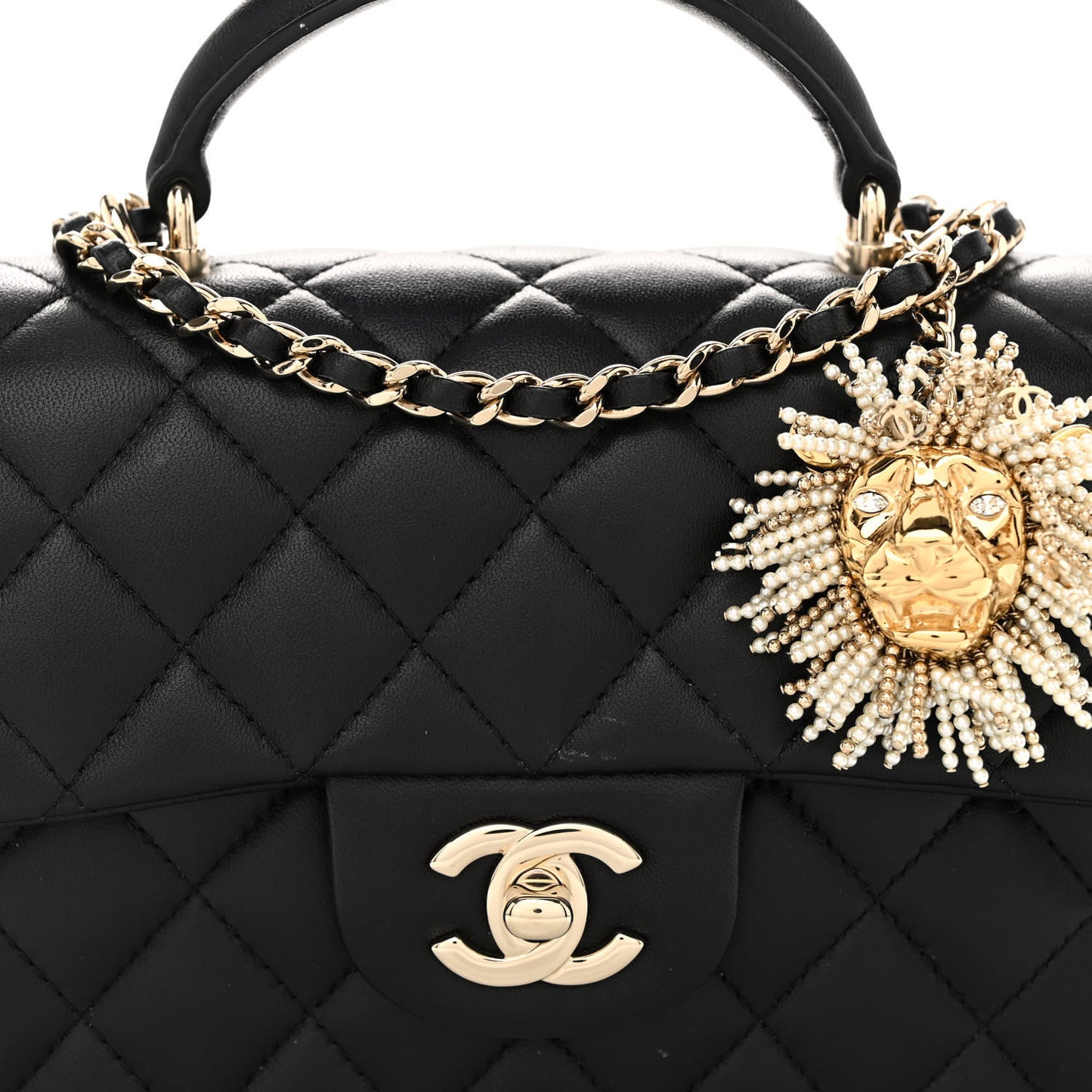 Lambskin Pearl Crystal Quilted Mini CC Lion Charm Top Handle Rectangular Flap Black