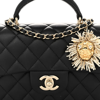Chanel Lambskin Pearl Crystal Quilted Mini CC Lion Charm Top Handle Rectangular Flap Black 8 of 11