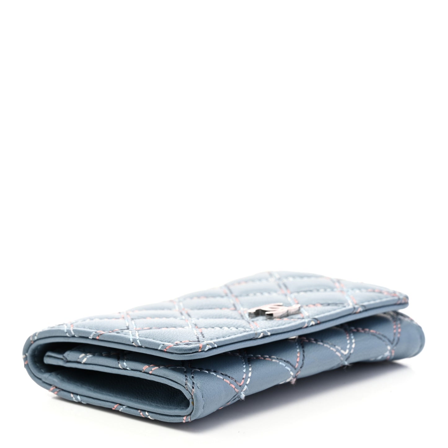Lambskin Double Stitch Quilted Flap Card Holder Light Blue
