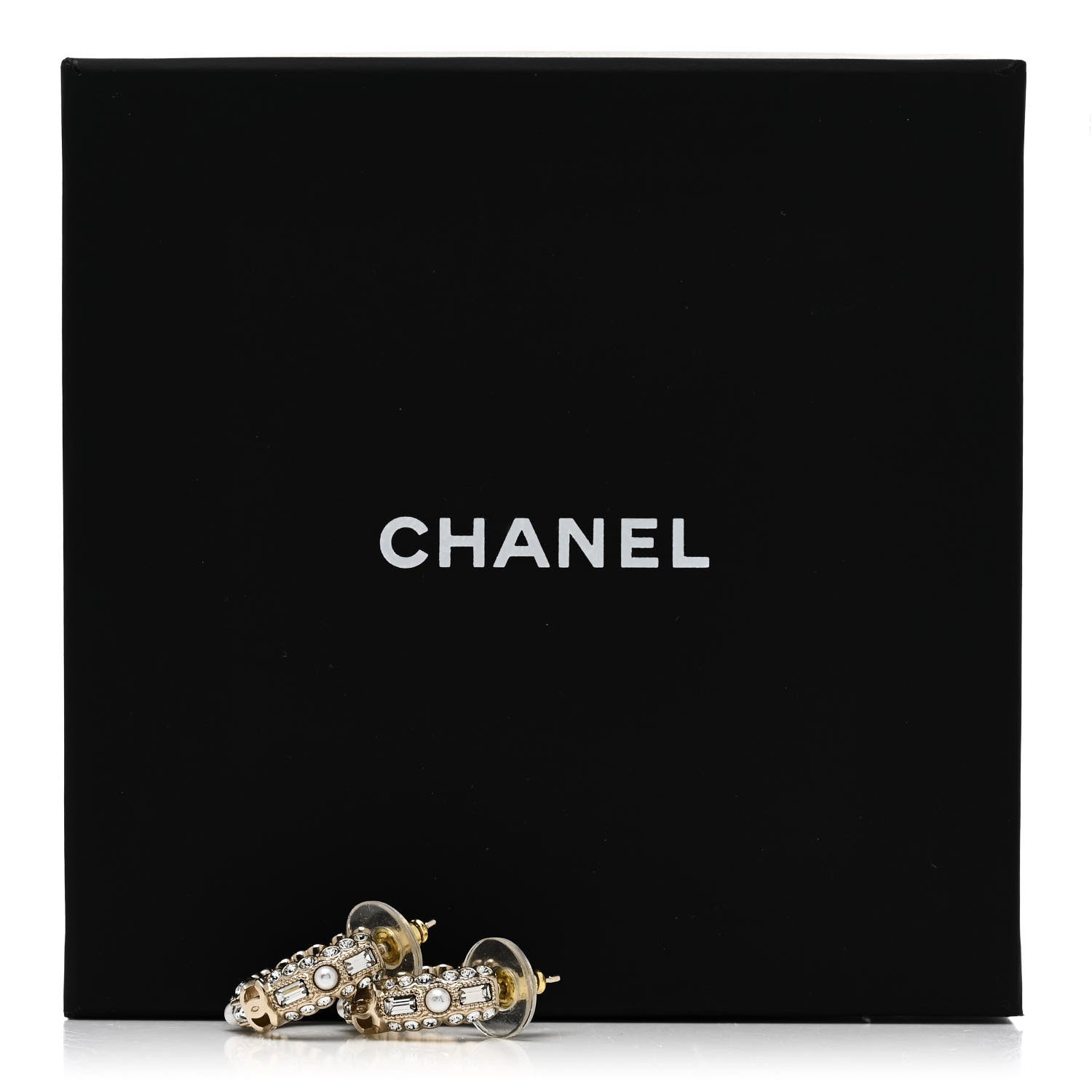 Chanel Metal Crystal Pearl CC Hoop Earrings Gold 5 of 5