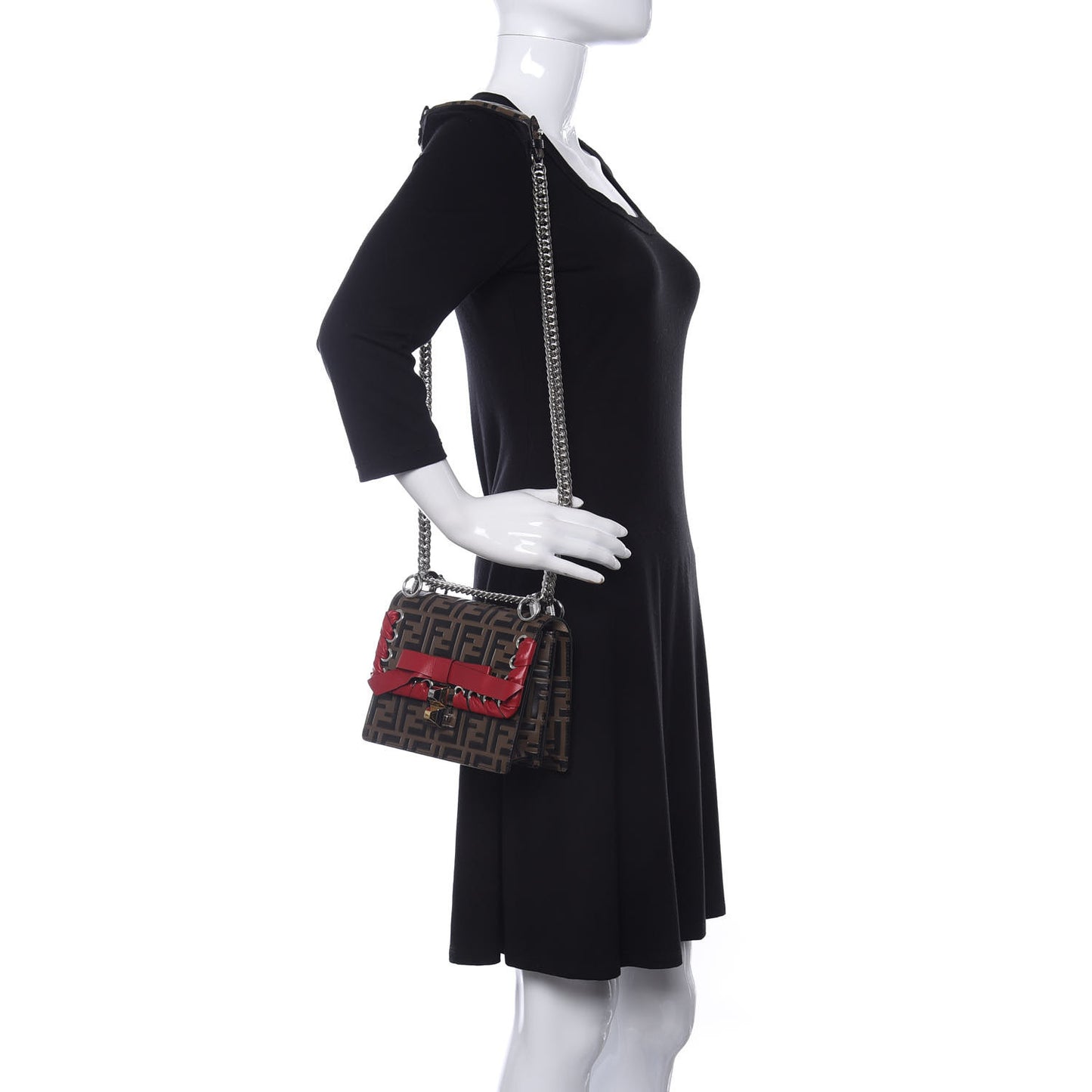 Vitello Shiny Nappa Bi-Color FF 1974 Lace Up Bow Embossed Small Kan I Shoulder Bag Maya Black Fragola