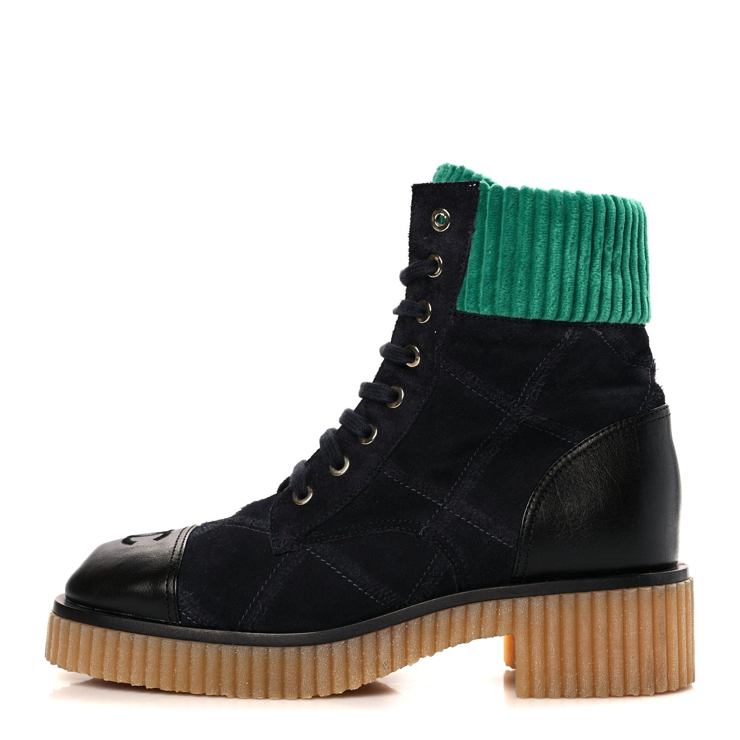 Suede Calfskin Velvet Quilted CC Combat Boots 38 Navy Green Black