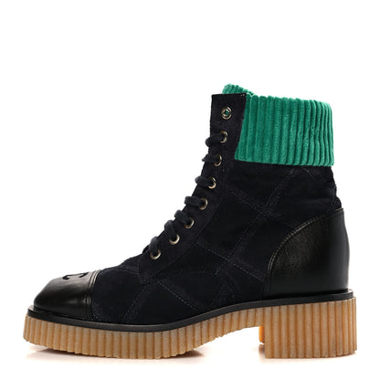 Chanel Suede Calfskin Velvet Quilted CC Combat Boots 38 Navy Green Black 1 of 8