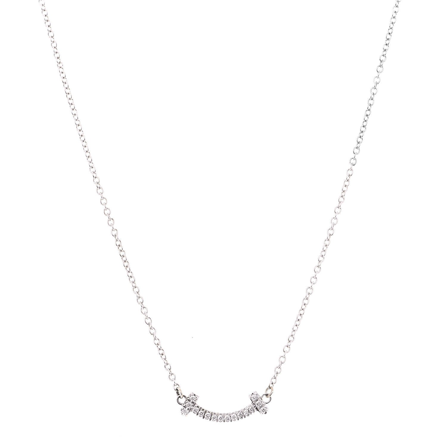 Tiffany 18K White Gold Diamond Mini T Smile Pendant Necklace 1 of 6