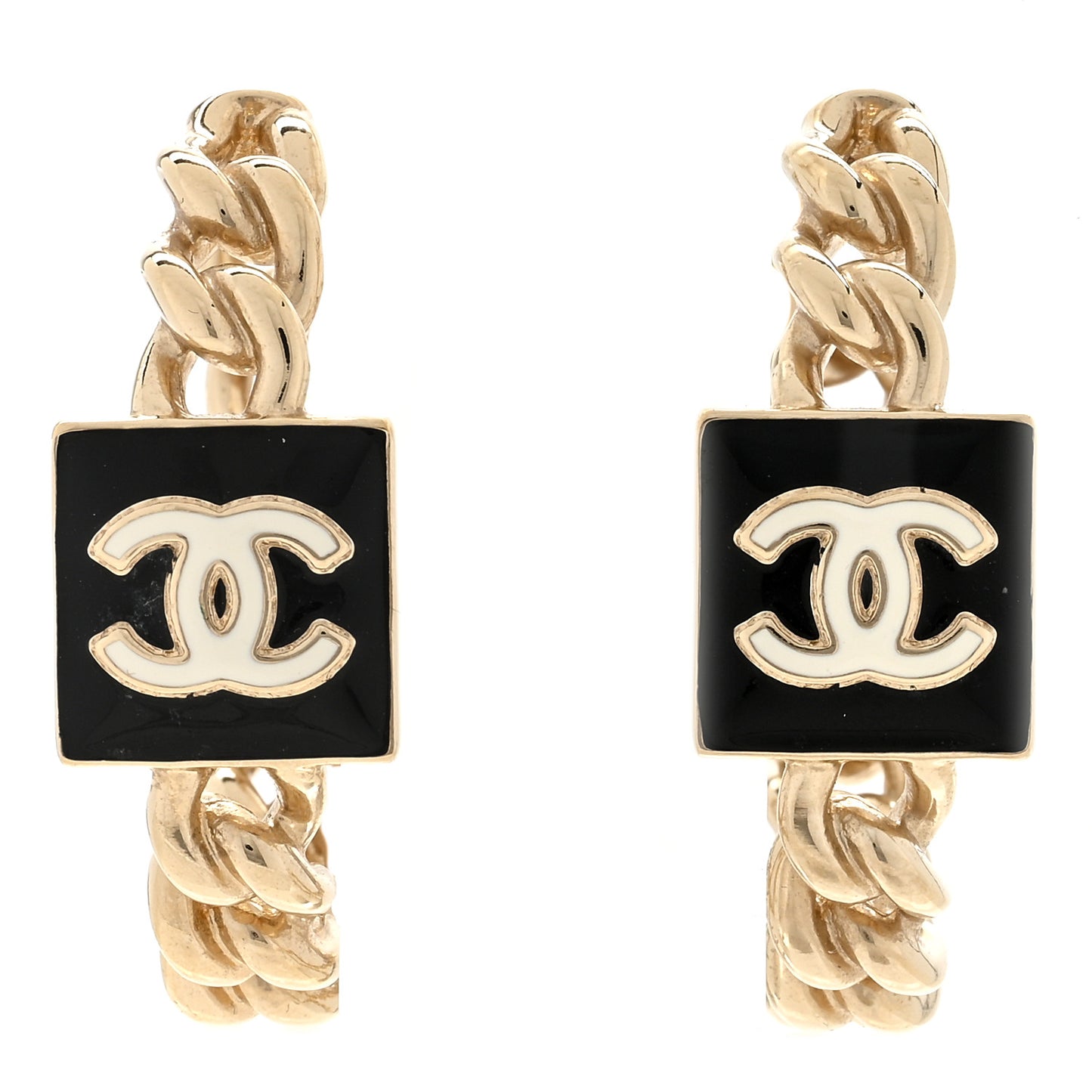 Metal Enamel CC Square Chain Hoop Earrings Gold Black