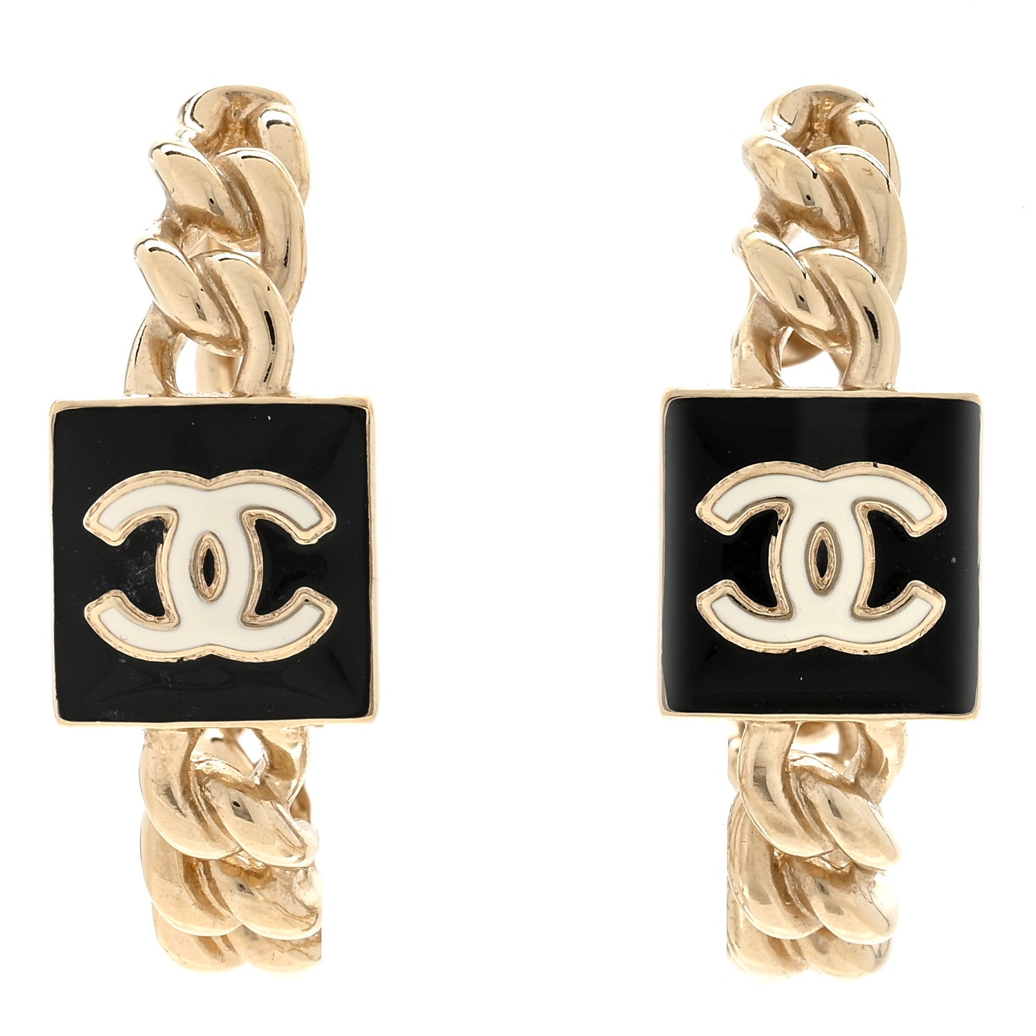 Chanel Metal Enamel CC Square Chain Hoop Earrings Gold Black 1 of 5