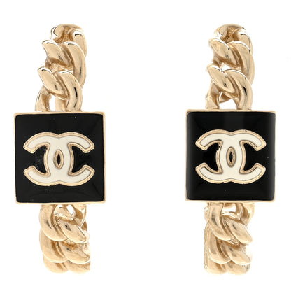 Chanel Metal Enamel CC Square Chain Hoop Earrings Gold Black 1 of 5