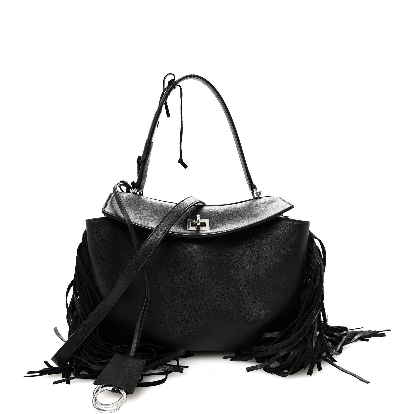 Natural Smooth Madeline Calfskin Fringes Small Rodeo Top Handle Handbag Black