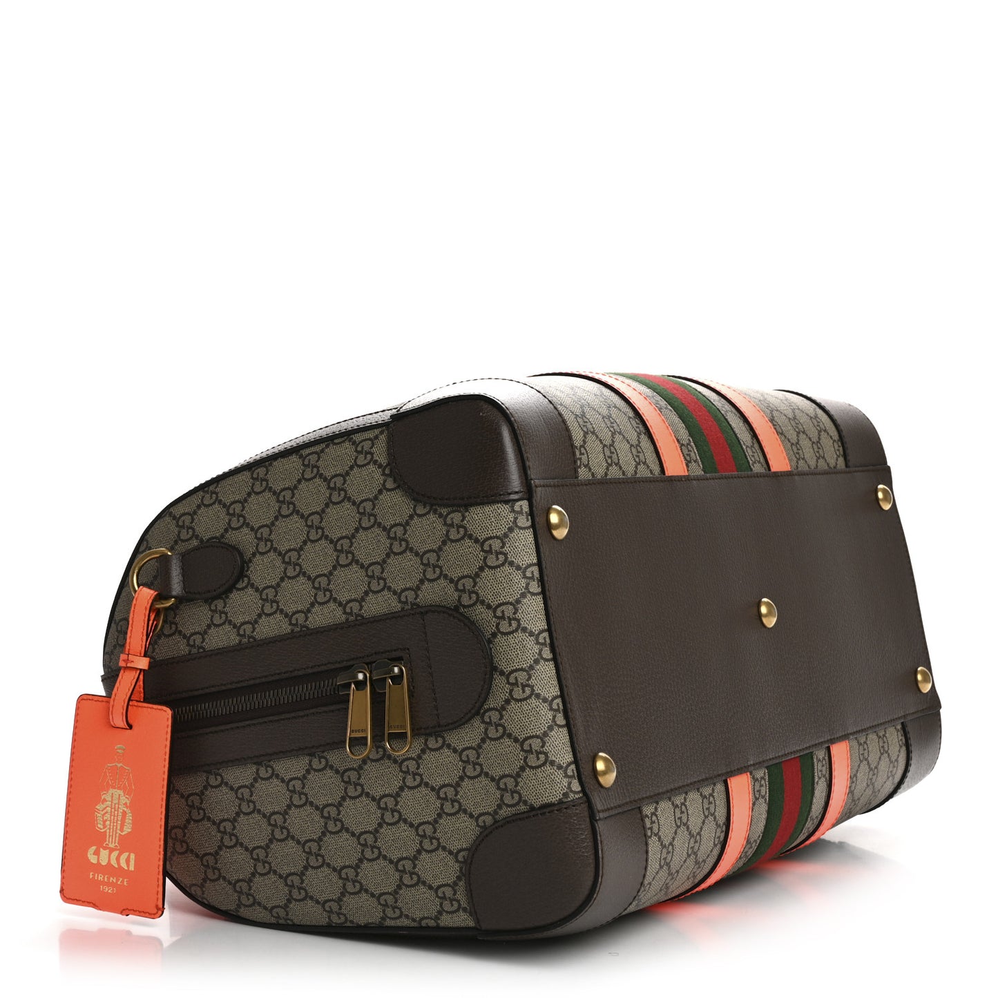GG Supreme Monogram Textured Dollar Calfskin Web Medium Savoy Duffle Bag Beige Ebony Fluorescent Orange