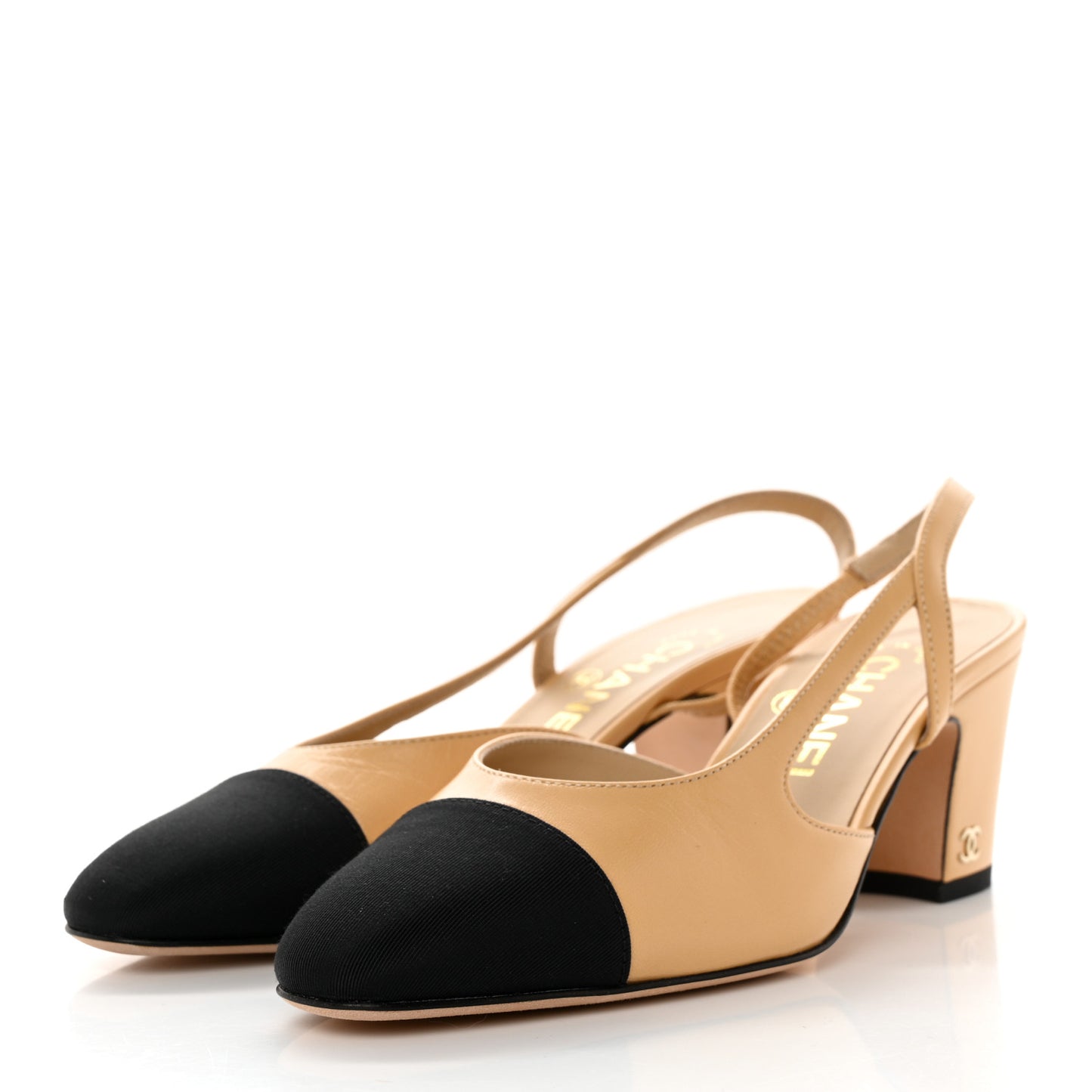 Goatskin Grosgrain Cap Toe CC Slingback Pumps 35.5 Beige Black