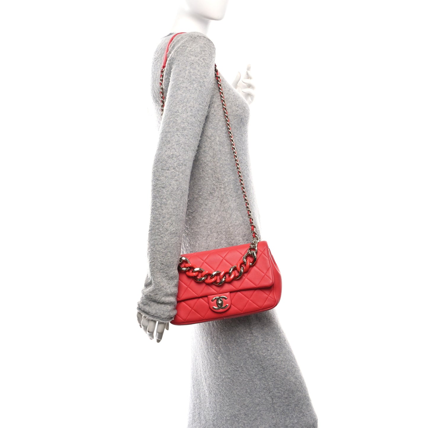 Lambskin Quilted Resin Bi-Color Chain Flap Bag Red
