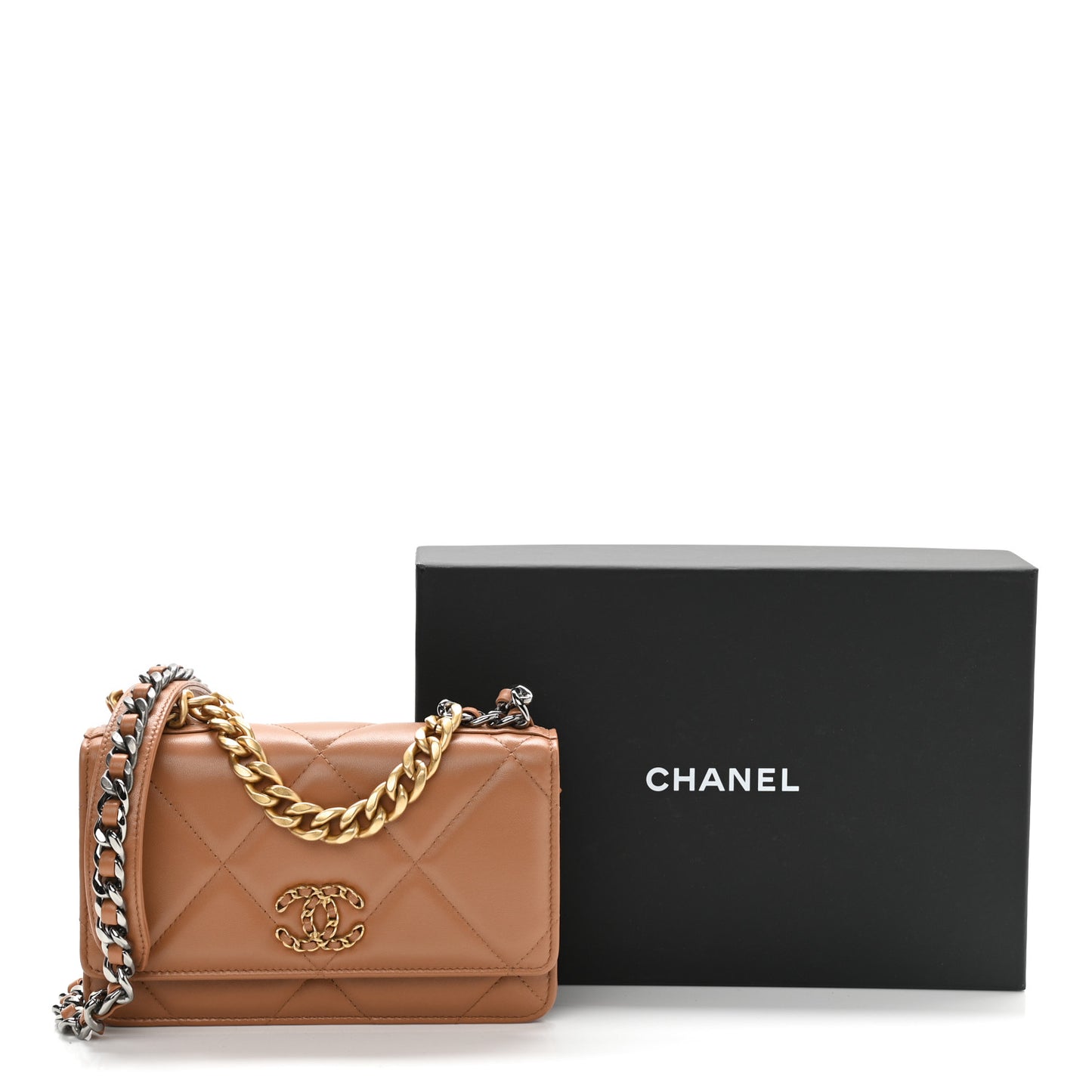 Lambskin Quilted Chanel 19 Wallet On Chain WOC Brown