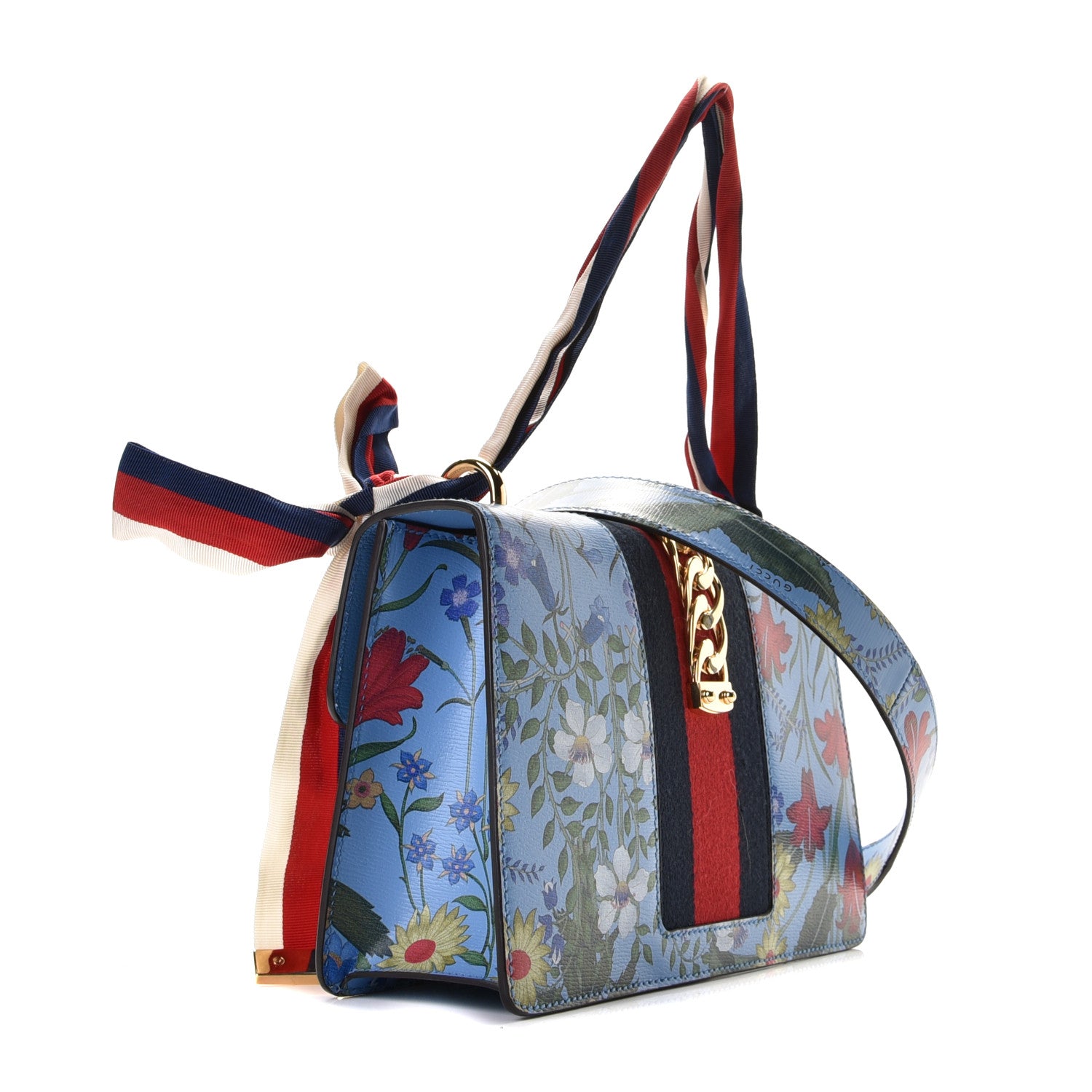 Gucci Shangai Calfskin Web New Flora Small Sylvie Shoulder Bag Azure 3 of 11
