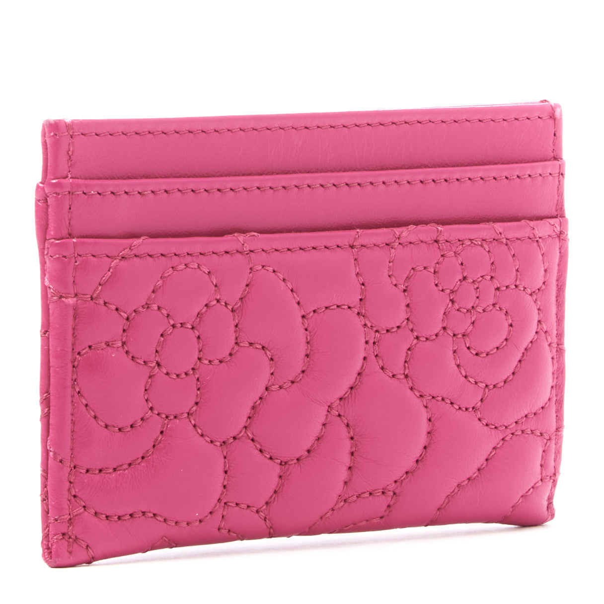 Lambskin Camellia Embossed Card Holder Fuchsia
