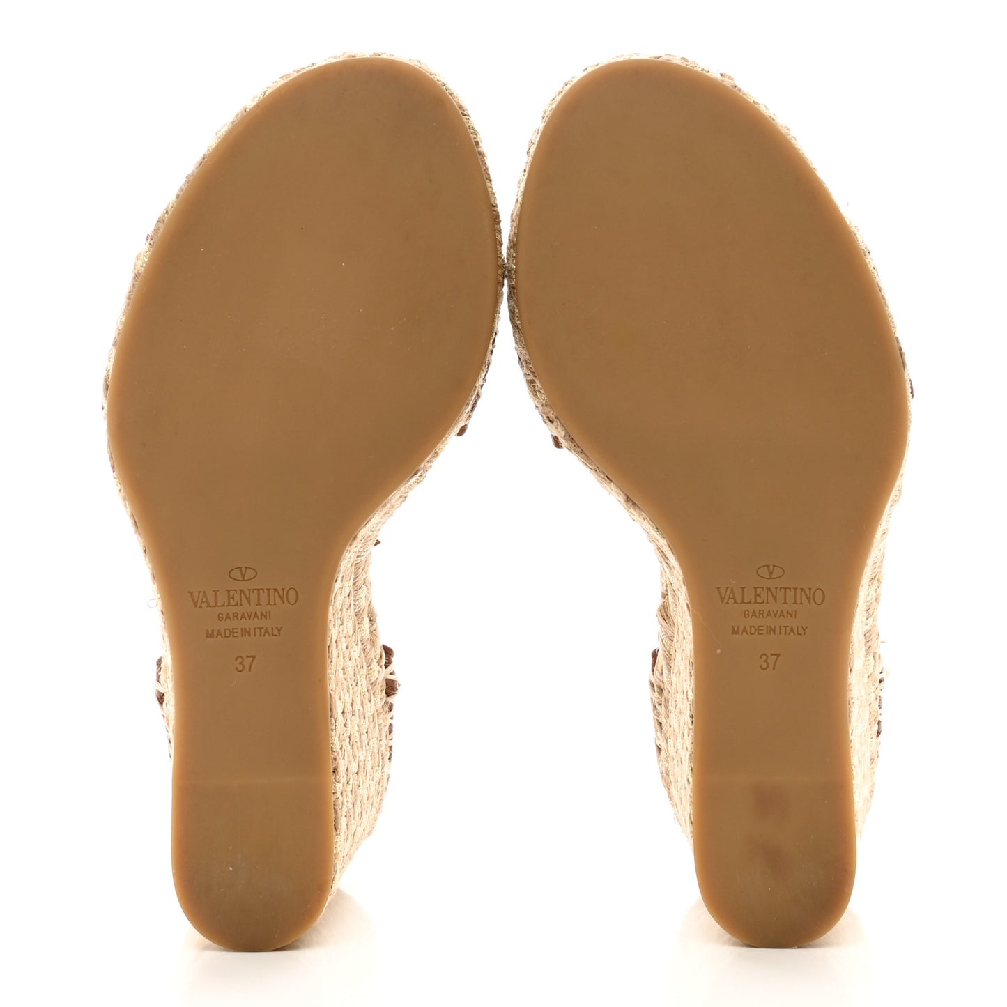 Grained Calfskin Rockstud Ankle Strap Espadrille 15/105mm Wedge Sandals 37 Cuoio Natural