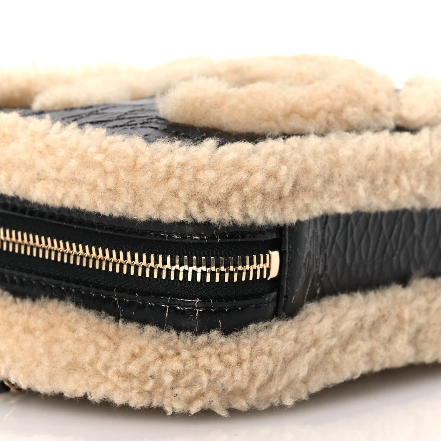 Chanel Shiny Crumpled Sheepskin Shearling Waist Bag Black Beige 9 of 12